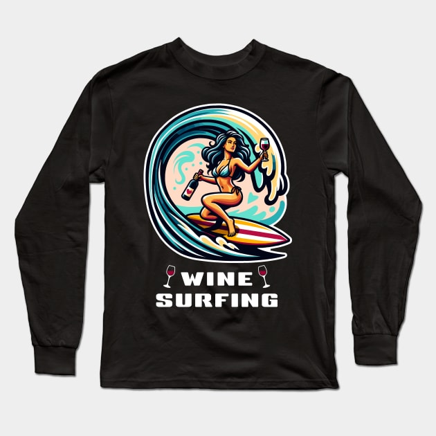 Wine Surfing funny t-shirt surfer woman in gorgeous bikini rides an ocean wave holding a wine bottle and a glass of wine Long Sleeve T-Shirt by Cat In Orbit ®